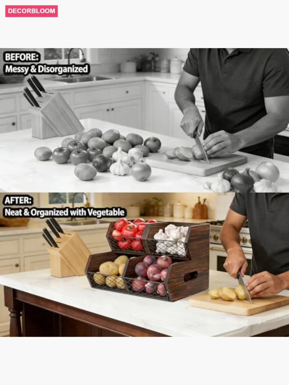 Stackable Wood Potato Onion Storage Bins Pantry Organizer Set